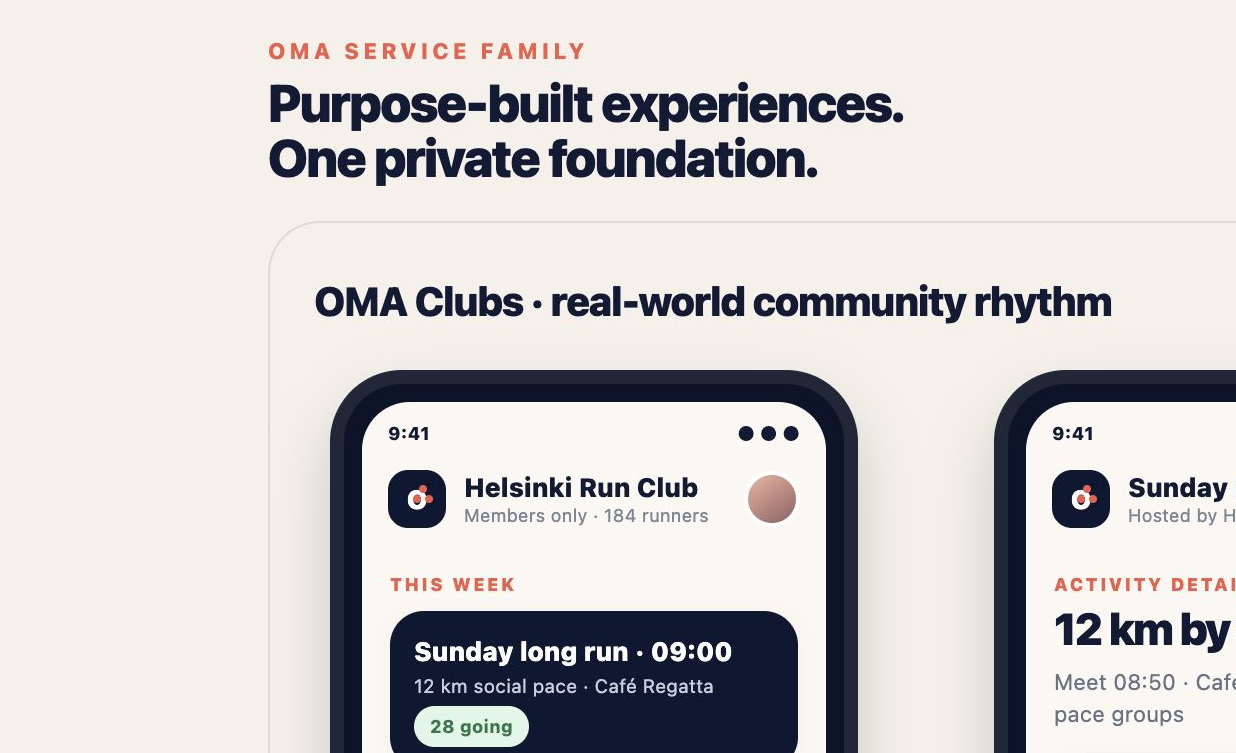 OMA Clubs concept screens for member schedules and community updates