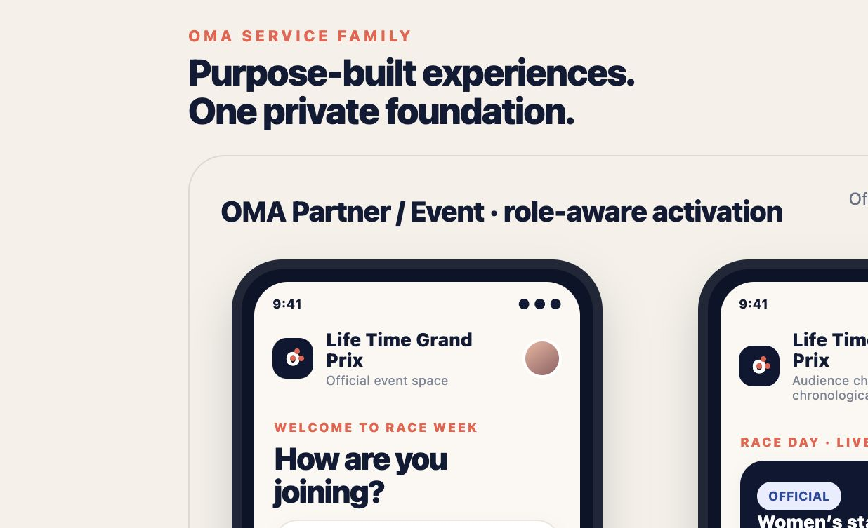 OMA Events concept screens for athletes, organizers and audiences